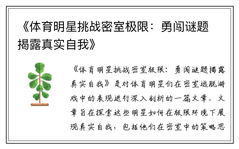 《体育明星挑战密室极限：勇闯谜题揭露真实自我》