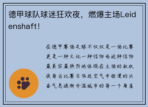 德甲球队球迷狂欢夜，燃爆主场Leidenshaft！