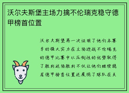 沃尔夫斯堡主场力擒不伦瑞克稳守德甲榜首位置
