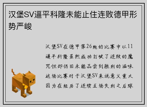 汉堡SV逼平科隆未能止住连败德甲形势严峻